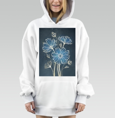 Нежные синие цветы на темном фоне спокойствие вдохновение умиротворение, Hoodie Mjhigh Dig, оверсайз, утепленная