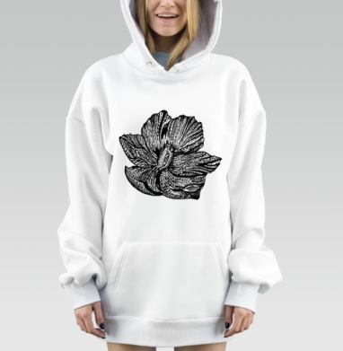 Фантазийный цветок черный рисунок линии оливковый фон, Hoodie Mjhigh Dig, оверсайз, утепленная