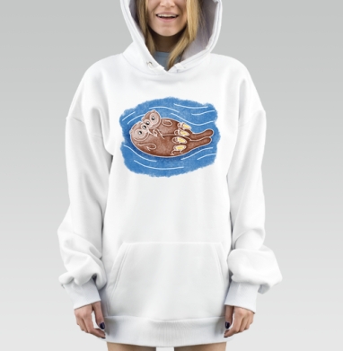 Влюбленные выдры плывут по воде держатся лапки, Hoodie Mjhigh Dig, оверсайз, утепленная