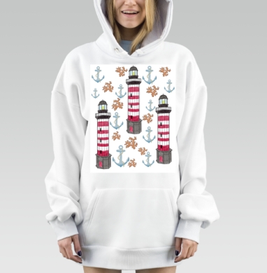 Маяк якоря кораллы красные белые серые голубые на белом фоне, Hoodie Mjhigh Dig, оверсайз, утепленная