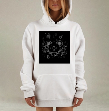 Умиротворённый медведь в окружении листьев на чёрном фоне, Hoodie Mjhigh Dig, оверсайз, утепленная