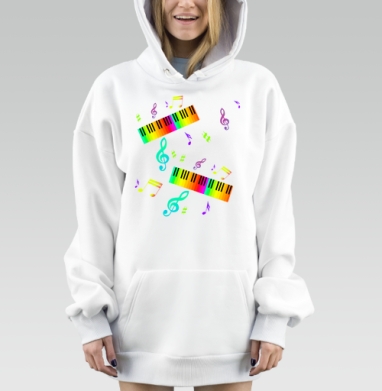 Радужные клавиши и музыкальные ноты на светло сером фоне, Hoodie Mjhigh Dig, оверсайз, утепленная