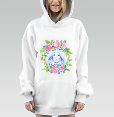 Весенний кролик с розовыми цветами и голубыми незабудками, Hoodie Mjhigh Dig, оверсайз, утепленная