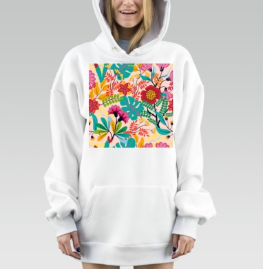 Яркий Цветочный Коллаж с Листьями на Светлом Фоне, Hoodie Mjhigh Dig, оверсайз, утепленная