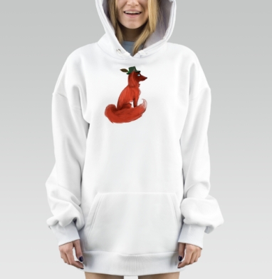 Рыжая лиса с листом сидит спокойная и задумчивая, Hoodie Mjhigh Dig, оверсайз, утепленная