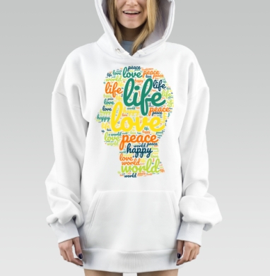 Жизнь любовь мир счастье живи в любви, Hoodie Mjhigh Dig, оверсайз, утепленная