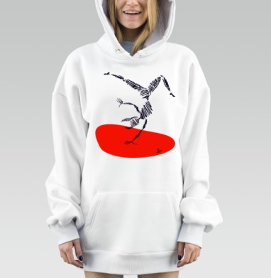 Динамичная черная птица на красном пятне на белом фоне, Hoodie Mjhigh Dig, оверсайз, утепленная