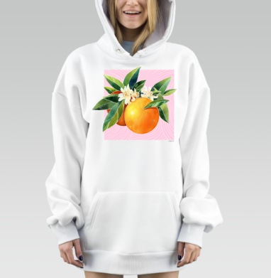 Яркие апельсины с зелёными листьями на розовом фоне, Hoodie Mjhigh Dig, оверсайз, утепленная