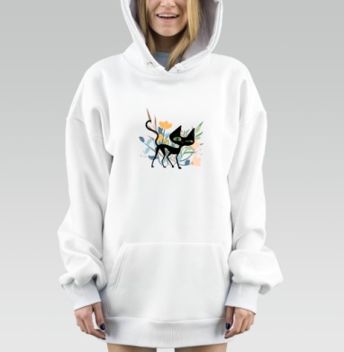 Черный кот среди цветов с весенним настроением, Hoodie Mjhigh Dig, оверсайз, утепленная