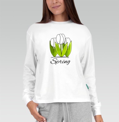 Белые тюльпаны и зелёные листья весна надпись Spring, Футболка лонгслив женская белая