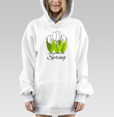 Белые тюльпаны и зелёные листья весна надпись Spring, Hoodie Mjhigh Dig, оверсайз, утепленная