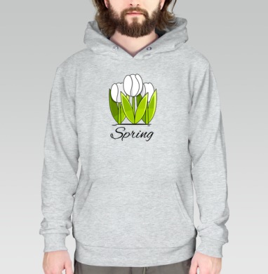 Белые тюльпаны и зелёные листья весна надпись Spring, Толстовка меланж Regular