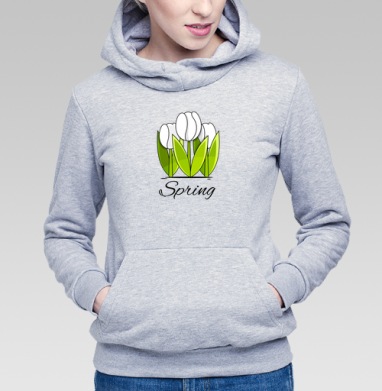 Белые тюльпаны и зелёные листья весна надпись Spring, Толстовка Женская серый меланж 340гр, утепленная