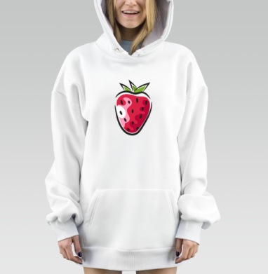 Красная клубника с зелёными листьями на сером фоне, Hoodie Mjhigh Dig, оверсайз, утепленная