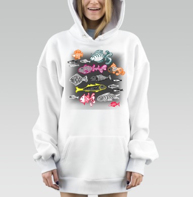 Морские яркие разноцветные рыбы на темном фоне в движении, Hoodie Mjhigh Dig, оверсайз, утепленная