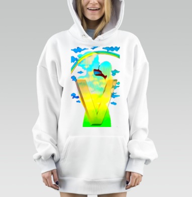 Радужная буква V с девушкой и рыбкой на фоне облаков, Hoodie Mjhigh Dig, оверсайз, утепленная