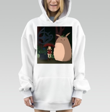 Девочка с красным зонтом и большое пушистое существо рядом, Hoodie Mjhigh Dig, оверсайз, утепленная