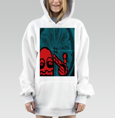Красный персонаж с жестом мира на синем фоне, Hoodie Mjhigh Dig, оверсайз, утепленная