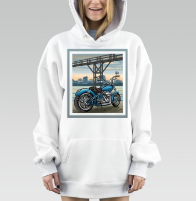Мотоцикл голубой город мост реки, Hoodie Mjhigh Dig, оверсайз, утепленная