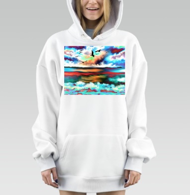 Свободный полет птиц на фоне красочного заката над озером, Hoodie Mjhigh Dig, оверсайз, утепленная