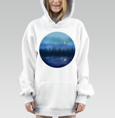 Ночная гавань со светящимся луной и тишиной у воды, Hoodie Mjhigh Dig, оверсайз, утепленная