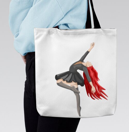 Танцующая девушка в черном красные волосы на сером фоне, Сумка с ручкой и внутренним карманом на молнии