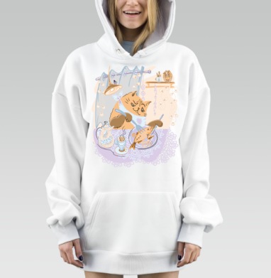 Кот наслаждается рыбой за столом уюта дома, Hoodie Mjhigh Dig, оверсайз, утепленная