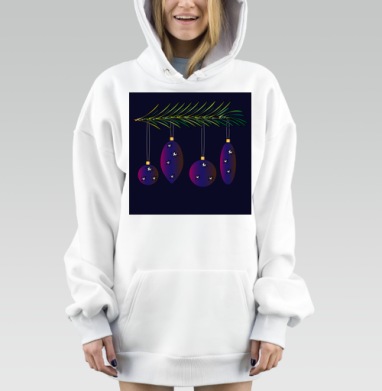 Новогодние шарики на зеленой ветке синие и фиолетовые, Hoodie Mjhigh Dig, оверсайз, утепленная