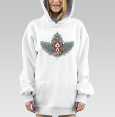 Пёсик в ожидании зимы на сером листе зимние тапочки тыквы, Hoodie Mjhigh Dig, оверсайз, утепленная