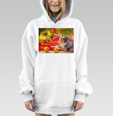 Новогодний кот с ёлочными игрушками символ Нового года, Hoodie Mjhigh Dig, оверсайз, утепленная