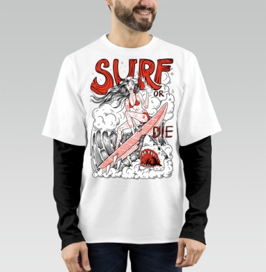 Девушка Серфер На Волне С Акулами Surf Or Die, Футболка мужская лонгслив OneOne