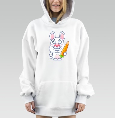 Весёлый белый кролик с морковкой на сером фоне, Hoodie Mjhigh Dig, оверсайз, утепленная
