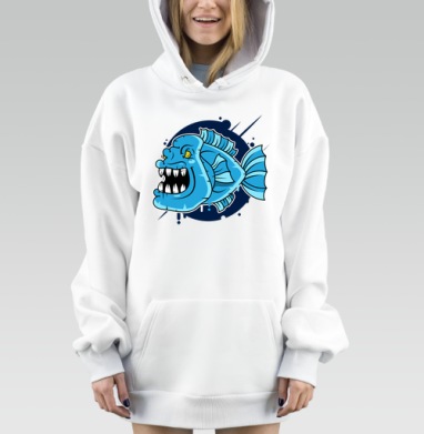 Агрессивная синяя рыба с острыми зубами атакует, Hoodie Mjhigh Dig, оверсайз, утепленная