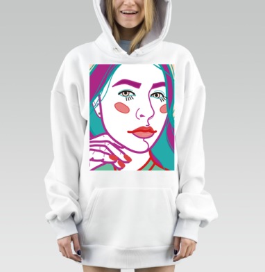 Яркий женский портрет с бирюзовыми волосами и красными губами, Hoodie Mjhigh Dig, оверсайз, утепленная