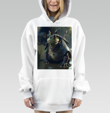 Лягушка самурай в защитных доспехах на камне, Hoodie Mjhigh Dig, оверсайз, утепленная