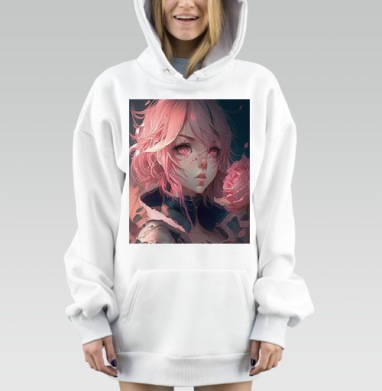 Розовые волосы девушка с розой держит цветок в руках, Hoodie Mjhigh Dig, оверсайз, утепленная