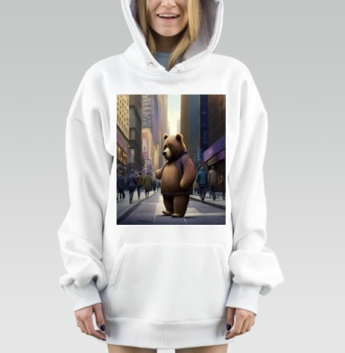 Медведь в мегаполисе городской улице среди прохожих, Hoodie Mjhigh Dig, оверсайз, утепленная