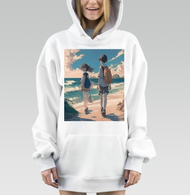 Мальчик и девочка идут вместе вдоль берега моря мечтают, Hoodie Mjhigh Dig, оверсайз, утепленная