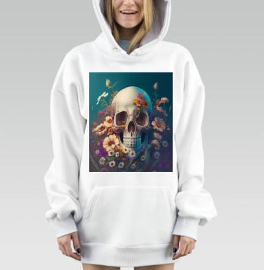 Череп с цветами и мягкой улыбкой на изумрудном фоне, Hoodie Mjhigh Dig, оверсайз, утепленная