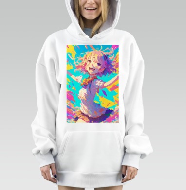Радостная девочка в движении с яркими красками и светлым настроением, Hoodie Mjhigh Dig, оверсайз, утепленная