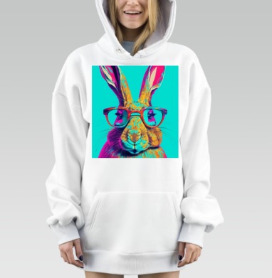 Яркий стильный кролик в очках в бирюзовом фоне, Hoodie Mjhigh Dig, оверсайз, утепленная