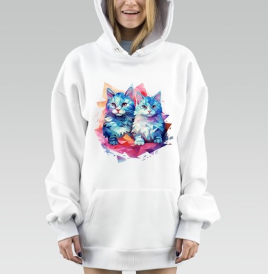 Голубые кошки в геометрическом стиле уютные и дружелюбные, Hoodie Mjhigh Dig, оверсайз, утепленная