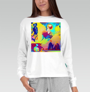 Яркий танец цвета и формы продолжается в движении, Футболка лонгслив женская белая