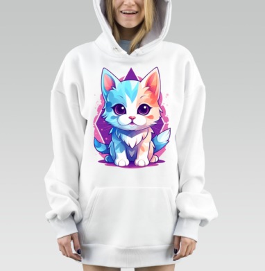 Милый котенок голубых розовых оттенков сидит, Hoodie Mjhigh Dig, оверсайз, утепленная