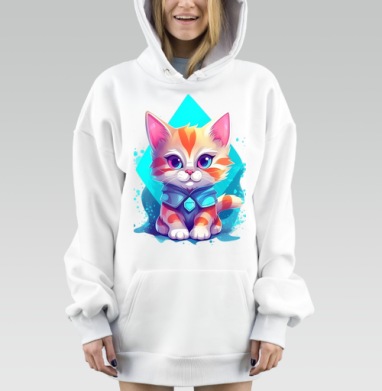 Милый рыжий котенок в синем костюме для детей, Hoodie Mjhigh Dig, оверсайз, утепленная