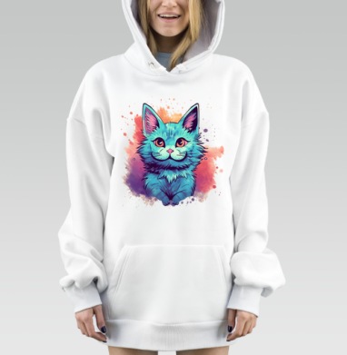 Голубой кот с ярким фоном вокруг, Hoodie Mjhigh Dig, оверсайз, утепленная