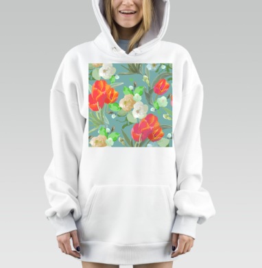 Акварельные Красные Тюльпаны и Шиповник Натуральная Весенняя Красота, Hoodie Mjhigh Dig, оверсайз, утепленная