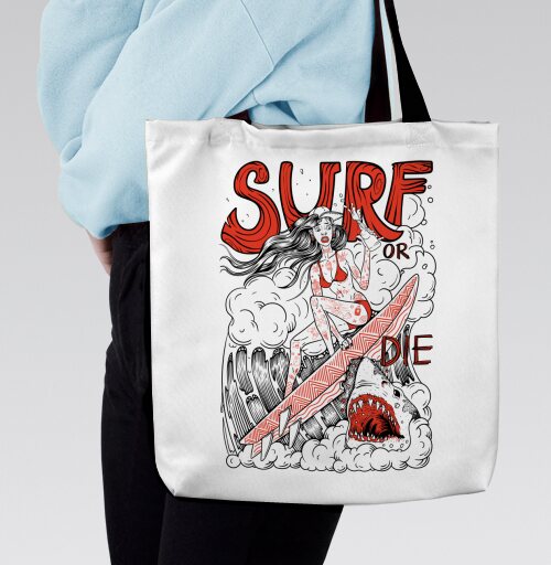 Девушка Серфер На Волне С Акулами Surf Or Die - Магазин футболок GoPasha - Дизайнерские принты