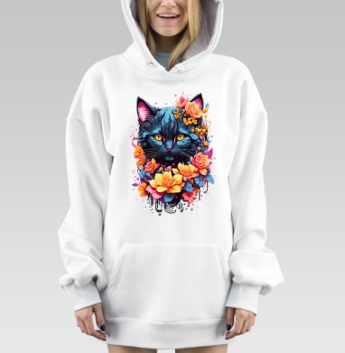 Синий кот с цветами венок нежный образ, Hoodie Mjhigh Dig, оверсайз, утепленная