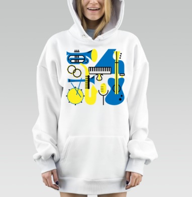 Музыкальные инструменты синие желтые и черные на сером фоне, Hoodie Mjhigh Dig, оверсайз, утепленная